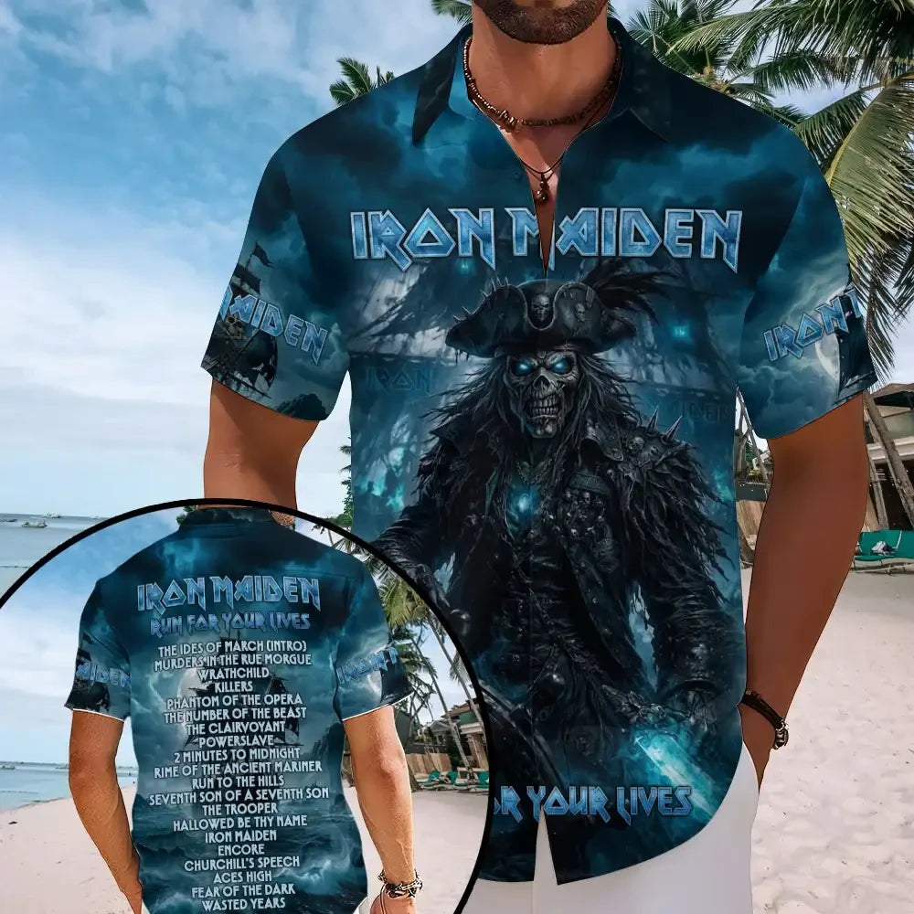 Iron Maiden Eddie Pirate Hawaiian Shirt Run For Your Lives Classic Heavy Metal Rock Band Tee
