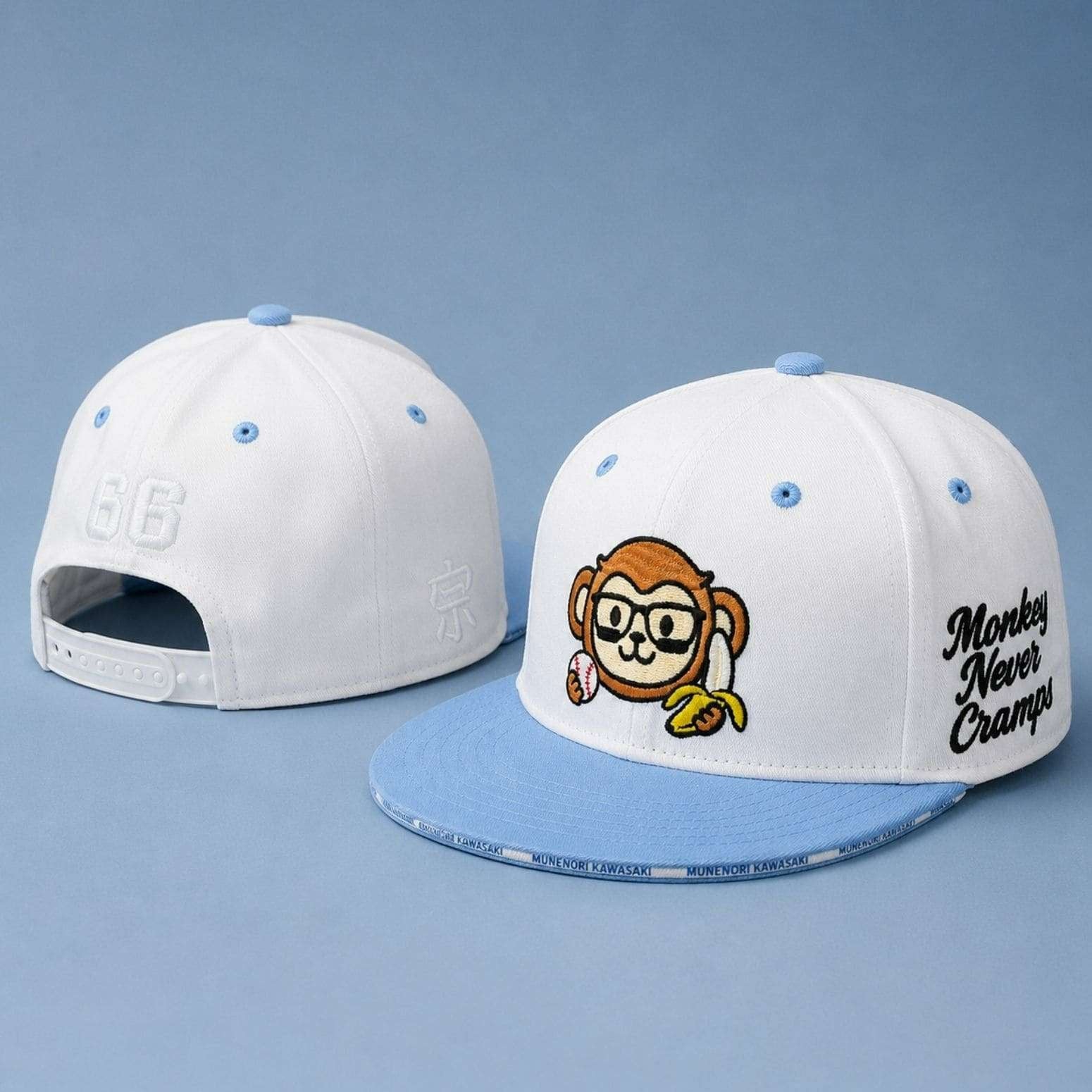 Munenori Kawasaki Monkey Never Cramps Blue Snapback Hat Embroidered Munenori Kawasaki Merch