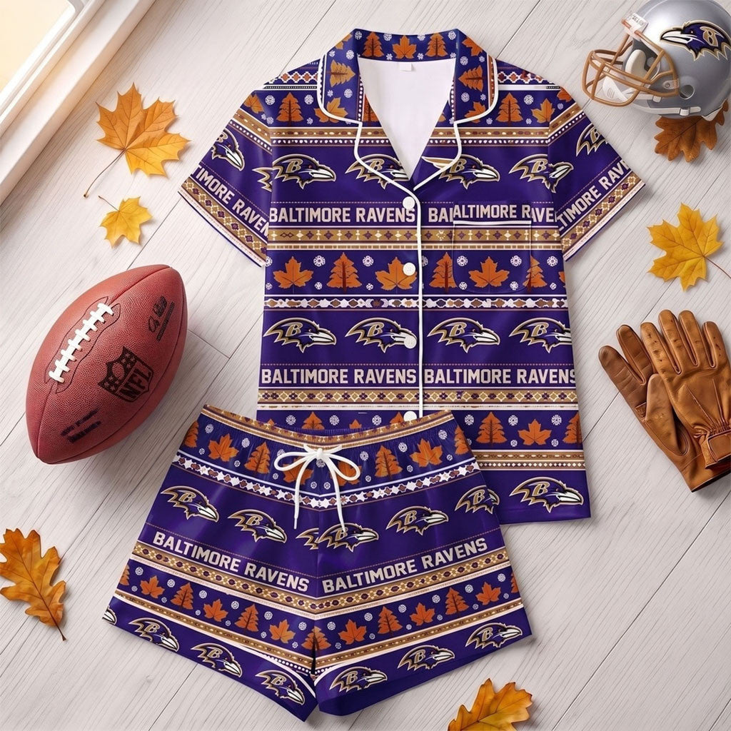 Baltimore Ravens Harvest Huddle Short Sleeve Pajamas Set Baltimore Ravens Merch Gift For Her