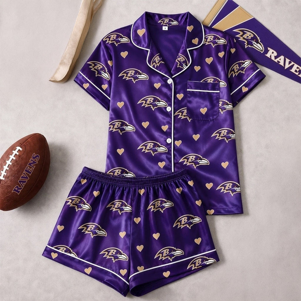 Baltimore Ravens Logo Team Love Short Sleeve Pajamas Set Ravens Merch Gifts For Football Fans
