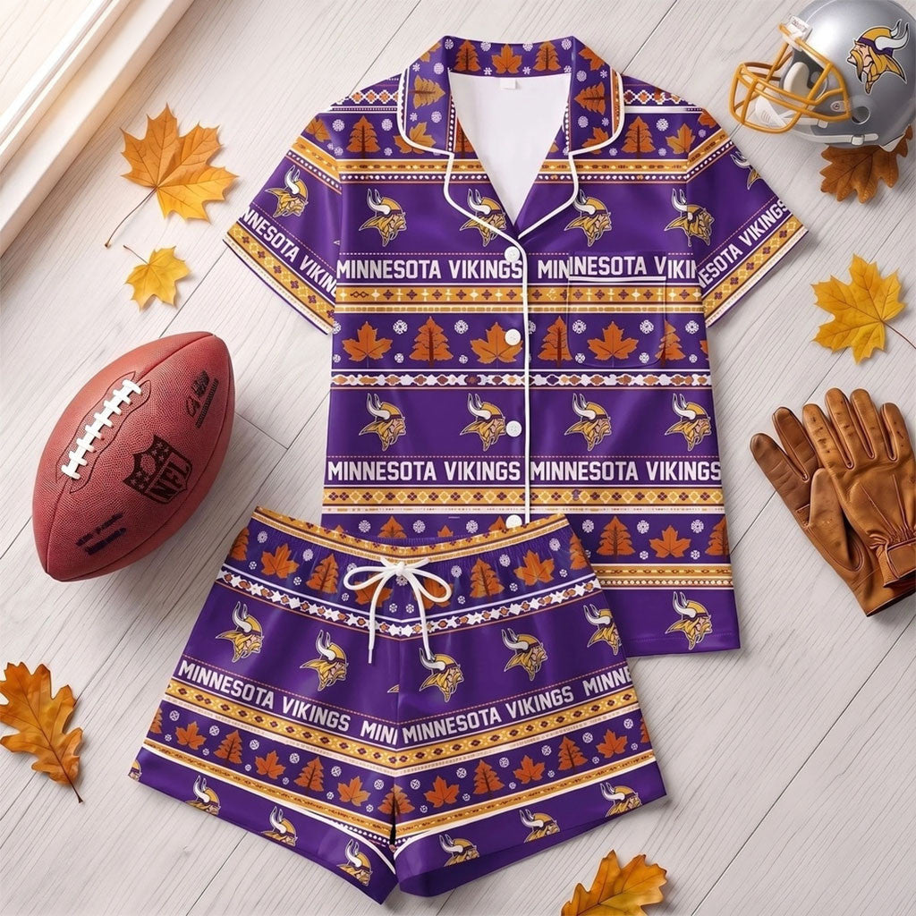 Minnesota Vikings Harvest Huddle Short Sleeve Pajamas Set MN Vikings Merch Football Fan Gifts