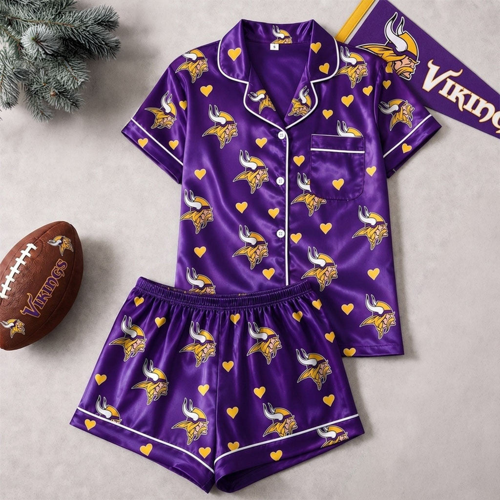Minnesota Vikings Logo Team Short Sleeve Pajamas Set MN Vikings Merch Gift For My Wife