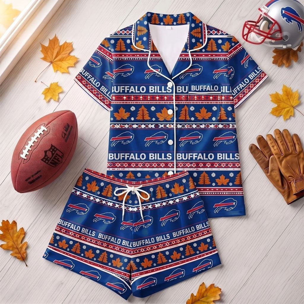 Buffalo Bills Harvest Huddle Short Sleeve Pajamas Set Buffalo Bills Merch Gift For Football Fan
