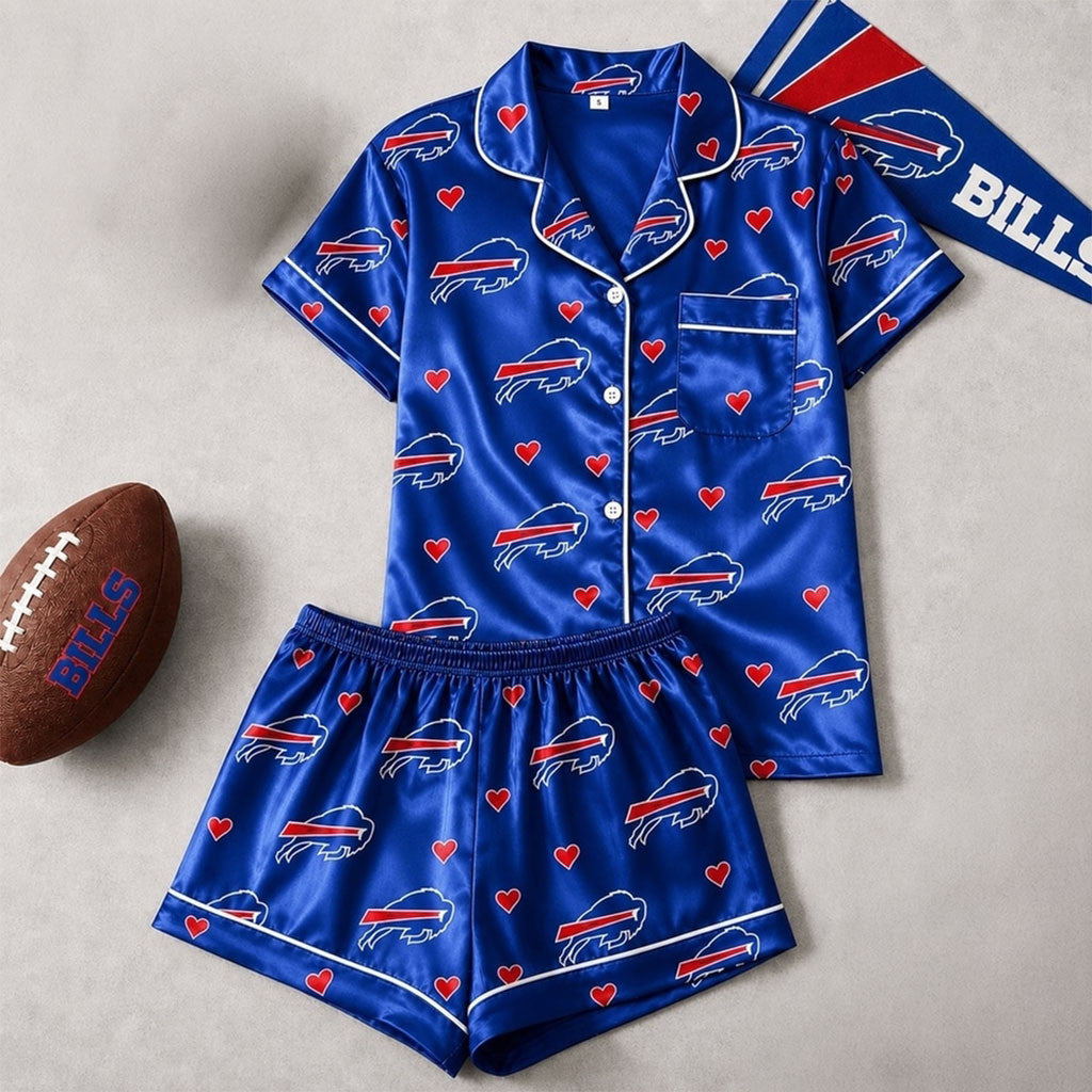 Buffalo Bills Logo Team Love Short Sleeve Pajamas Set Buffalo Bills Merch Football Lover Gifts