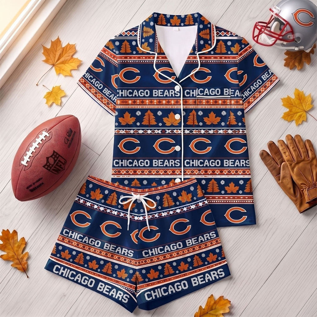 Chicago Bears Harvest Huddle Short Sleeve Pajamas Set Chicago Bears Merch Autumn Outfits
