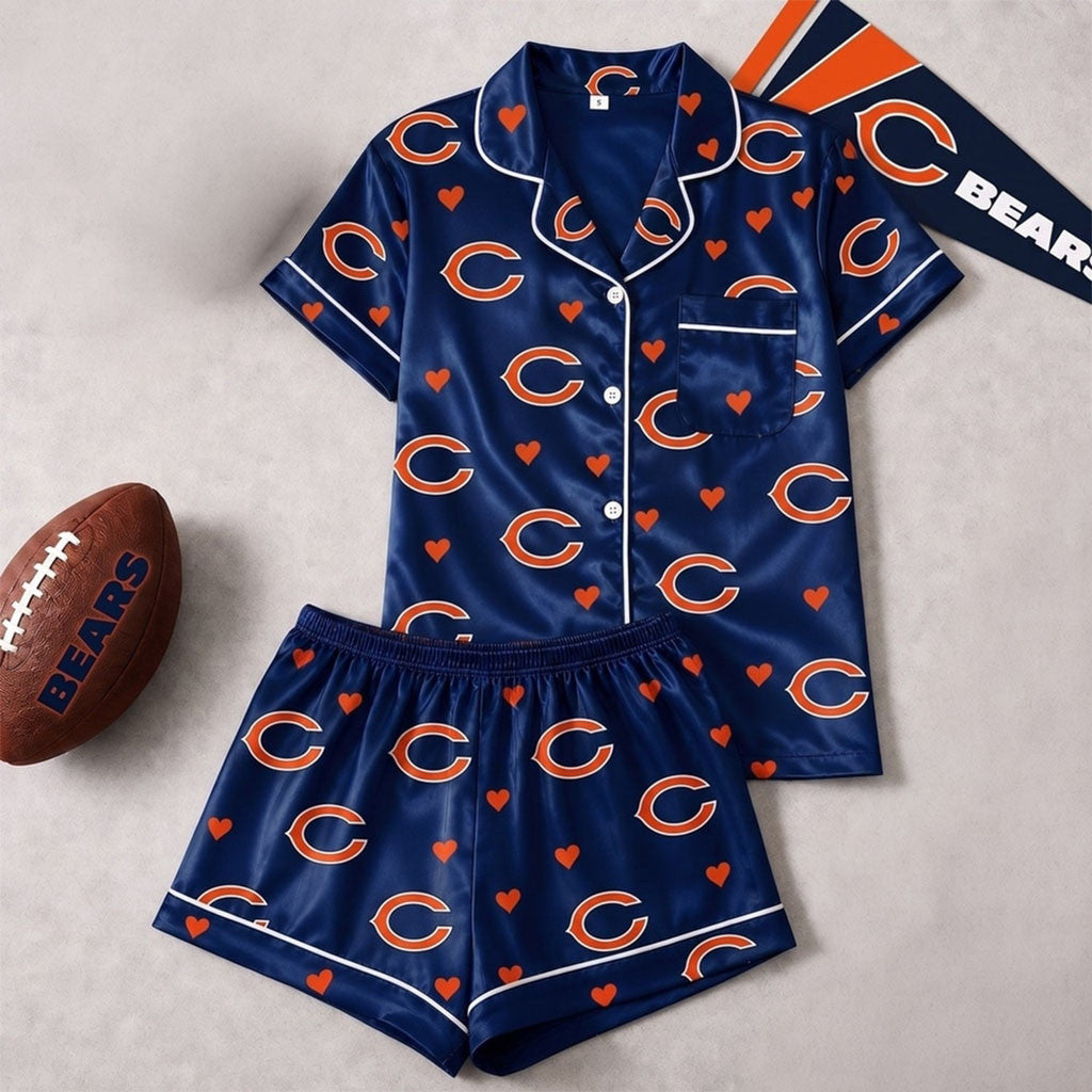 Chicago Bears Logo Team Love Short Sleeve Pajamas Set Chicago Bears Merch Football Fan Gifts