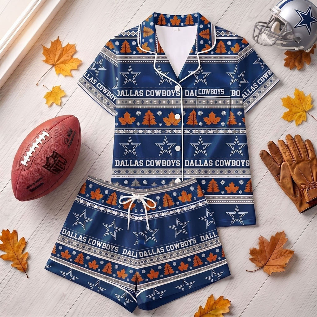 Dallas Cowboys Harvest Huddle Short Sleeve Pajamas Set Dallas Cowboys Merch Fall Gifts Ideas