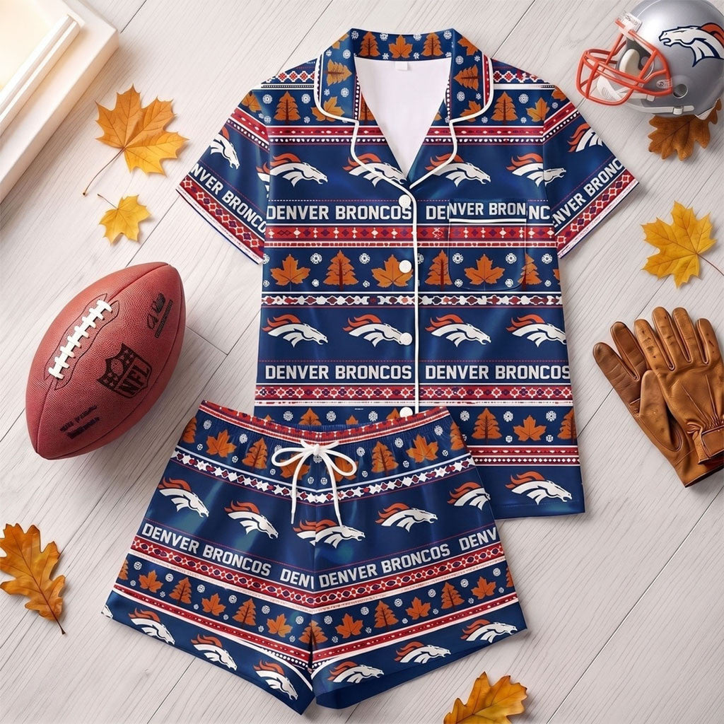 Denver Broncos Harvest Huddle Short Sleeve Pajamas Set Denver Broncos Merch Football Fan Gifts