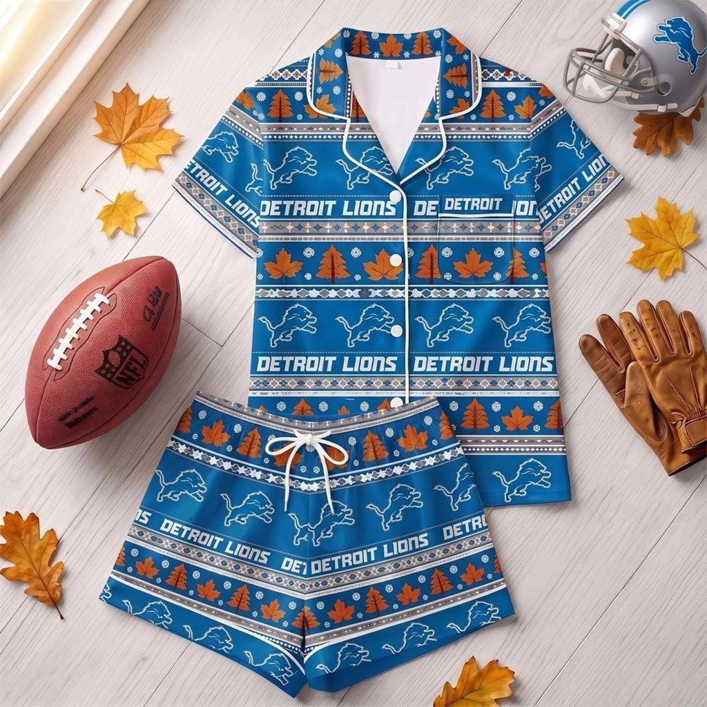 Detroit Lions Harvest Huddle Short Sleeve Pajamas Set Detroit Lions Merch Present For Fall