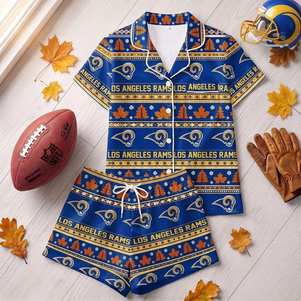 Los Angeles Rams Harvest Huddle Short Sleeve Pajamas Set LA Rams Merch Fall Outfits For Her