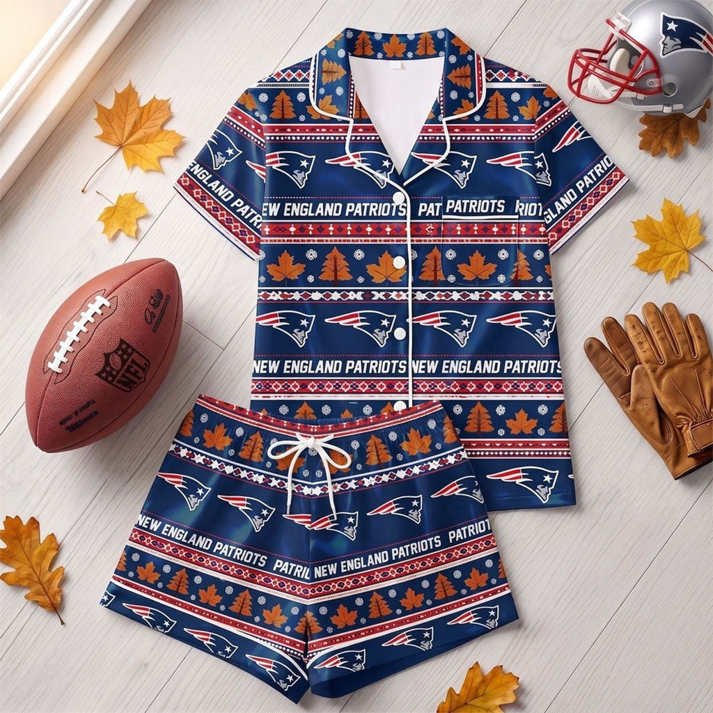 New England Patriots Harvest Huddle Short Sleeve Pajamas Set NE Patriots Merch Football Gifts