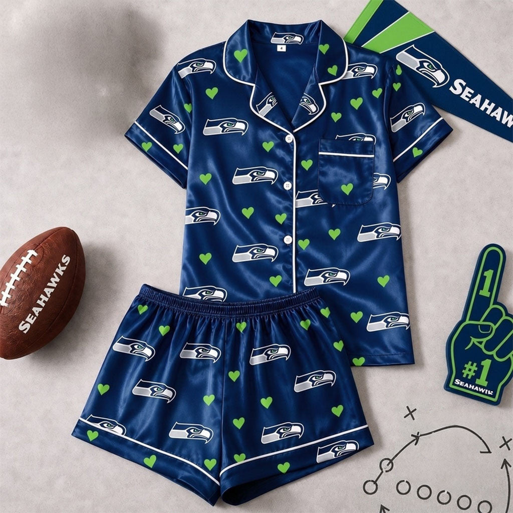 Seattle Seahawks Logo Team Short Sleeve Pajamas Set Seattle Seahawks Merch Gift For Her