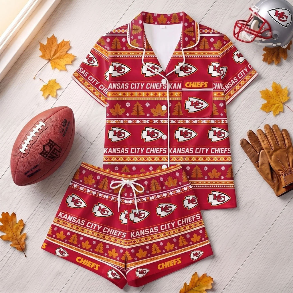 Kansas City Chiefs Harvest Huddle Short Sleeve Pajamas Set KC Chiefs Merch Football Fan Gifts