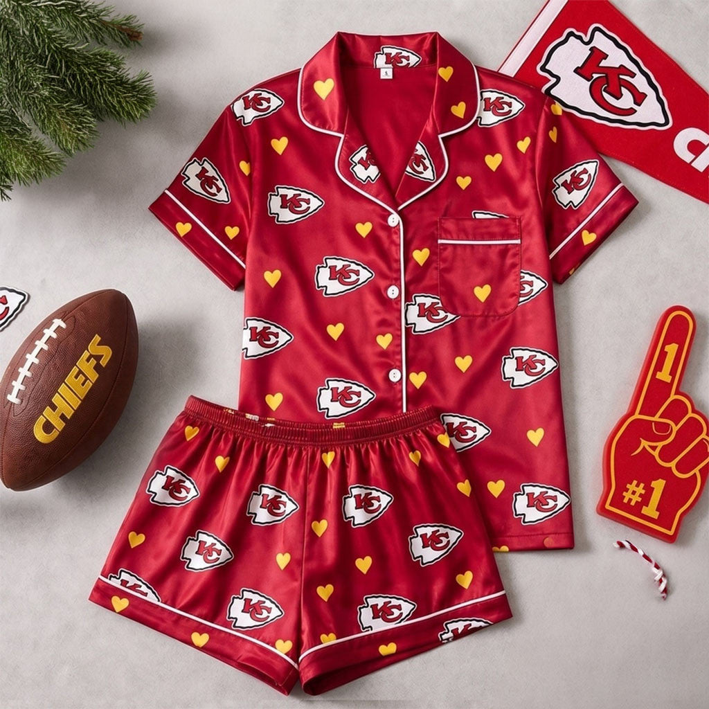 Kansas City Chiefs Logo Team Short Sleeve Pajamas Set KC Chiefs Merch Gift For Sisters