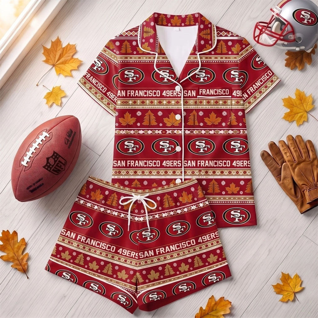 San Francisco 49ers Harvest Huddle Short Sleeve Pajamas Set SF 49ers Merch Gift For Game Day