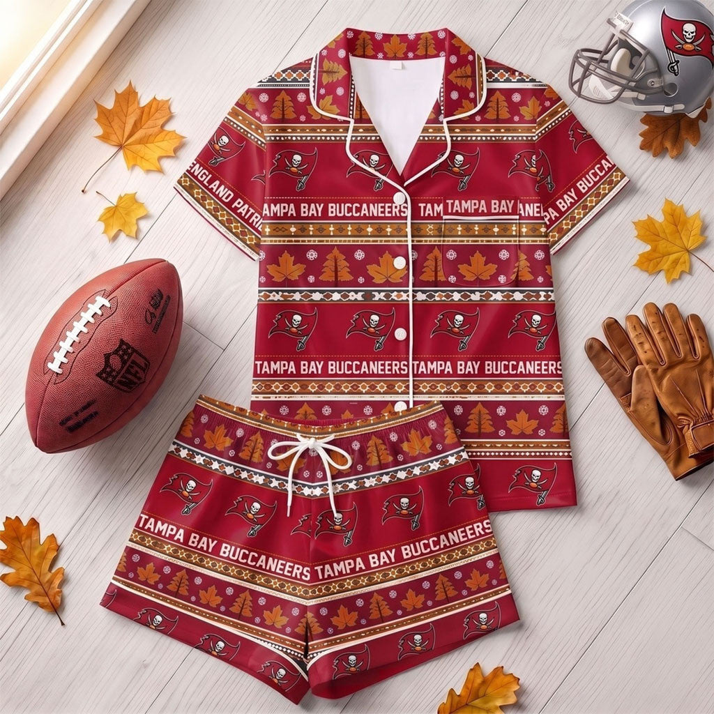 Tampa Bay Buccaneers Harvest Huddle Short Sleeve Pajamas Set Buccaneers Merch Autumn Gifts