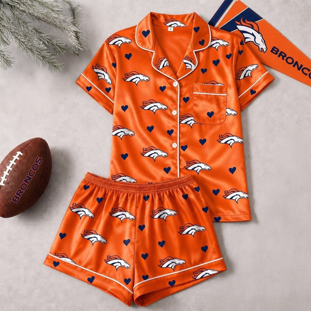 Denver Broncos Logo Team Short Sleeve Pajamas Set Denver Broncos Merch Football Lover Gifts