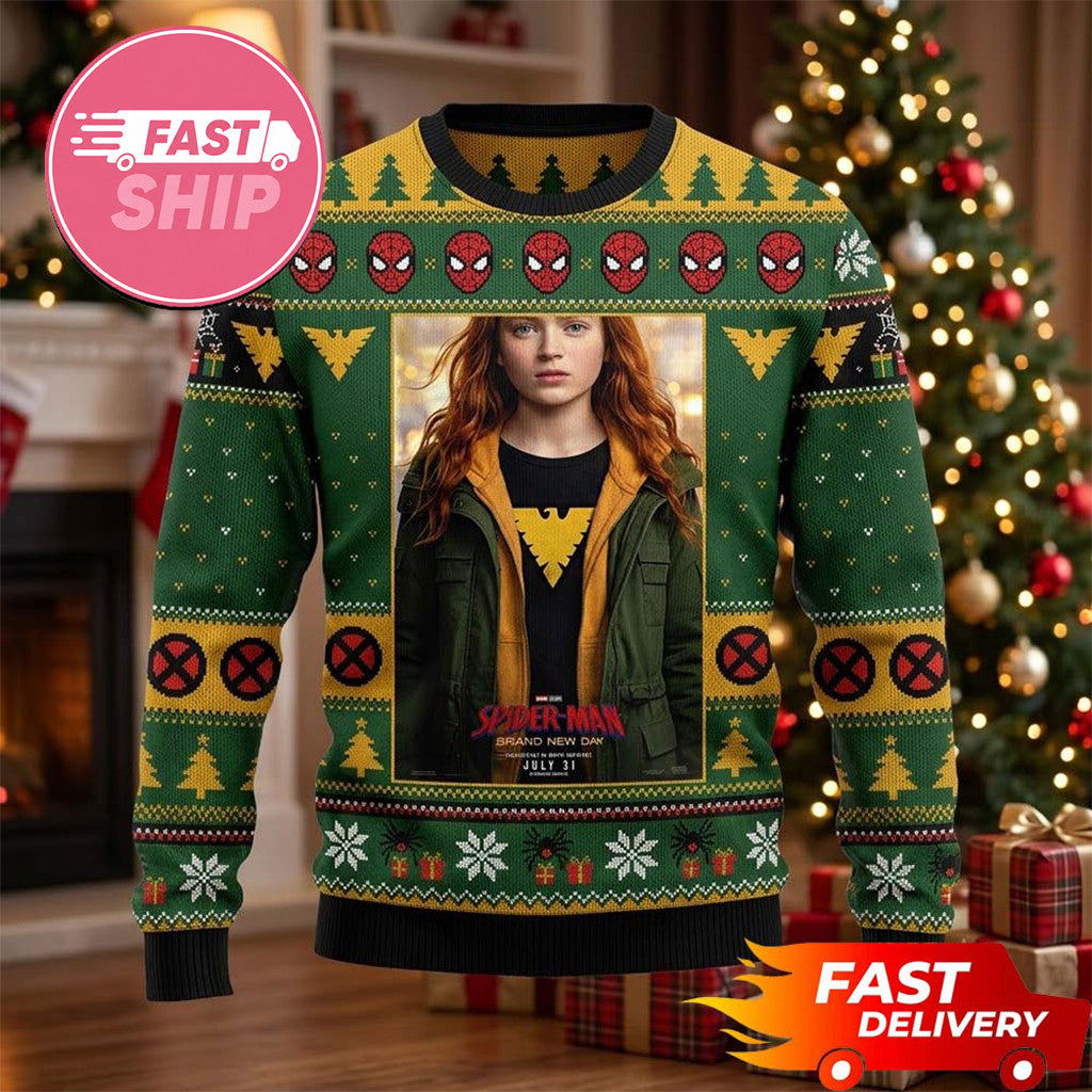 Sadie Sink Jean Grey X Spider Man X-Men Pattern Christmas Ugly Sweater Gift For Fan Spider Man