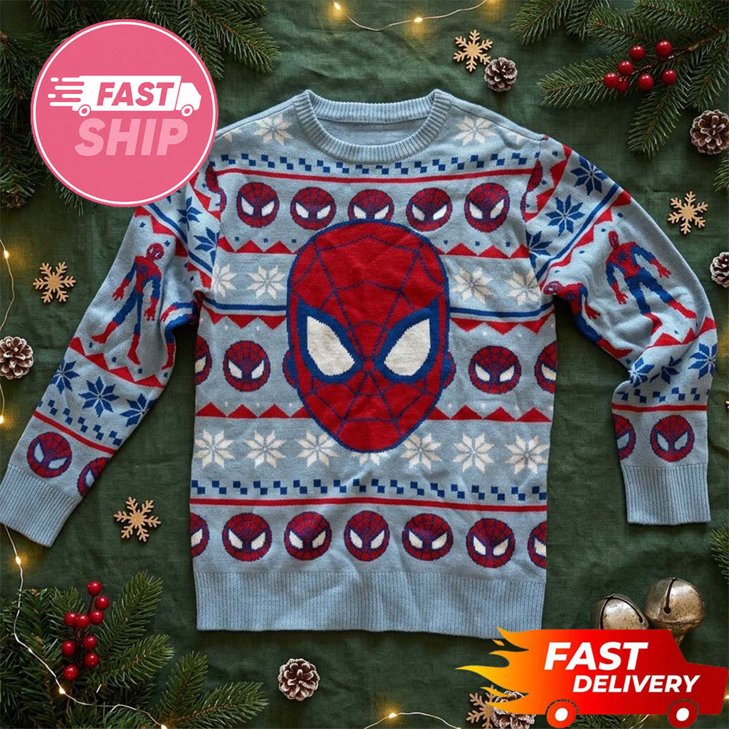 Spider Head Light Blue And Navy Pattern Christmas Ugly Sweater Spider Man Merch Xmas Gifts