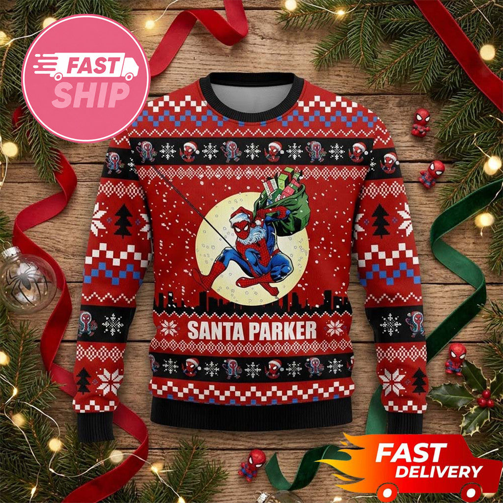 Santa Parker Spider Man Santa Claus Brings Christmas Ugly Sweater Spider Man Merch Xmas Gift