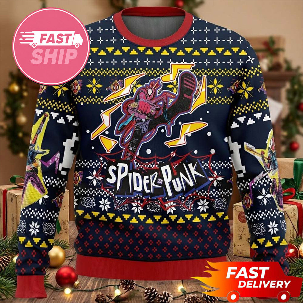 Spider Punk Into Spider Verse Christmas Ugly Sweater Spider Man Merch Superhero Fan Gifts
