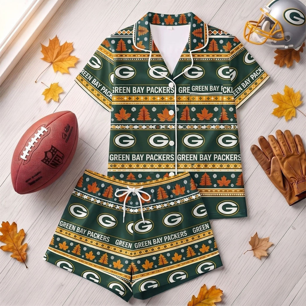 Green Bay Packers Harvest Huddle Short Sleeve Pajamas Set Packers Merch Fall Outfits