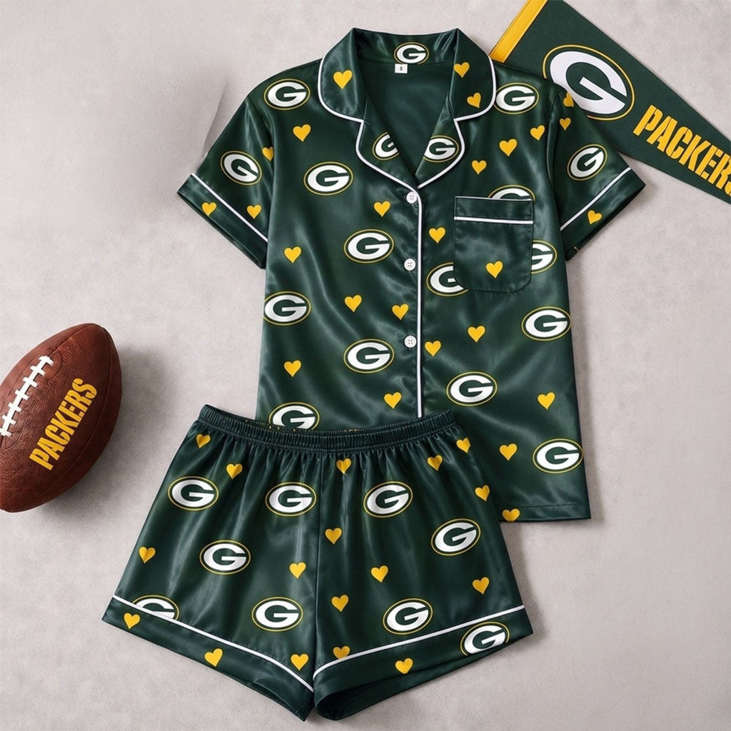 Green Bay Packers Logo Team Short Sleeve Pajamas Set Packers Merch Best Gift For Sisters