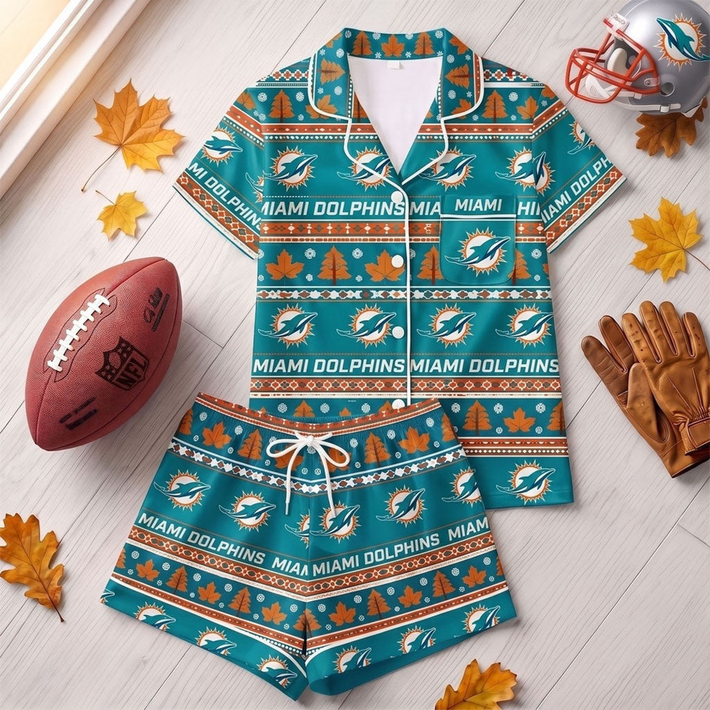 Miami Dolphins Harvest Huddle Short Sleeve Pajamas Set Miami Dolphins Merch Fan Gift Ideas