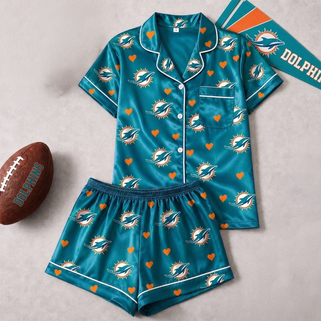 Miami Dolphins Logo Team Short Sleeve Pajamas Set Miami Dolphins Merch Best Gifts For Sisters