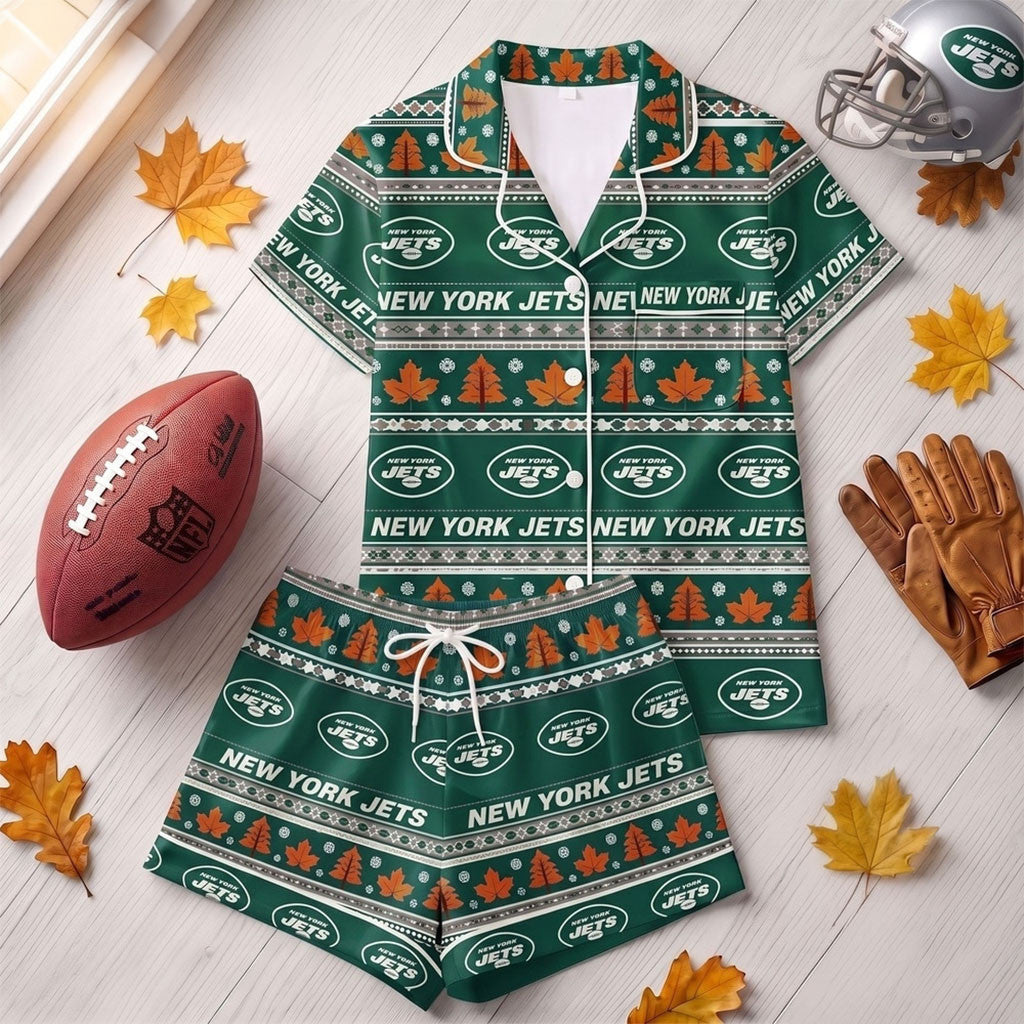 New York Jets Harvest Huddle Short Sleeve Pajamas Set NY Jets Merch Gift Ideas For Sisters