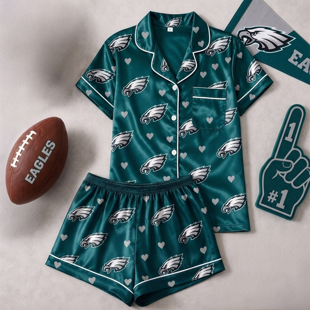Philadelphia Eagles Logo Team Short Sleeve Pajamas Set Philadelphia Eagles Merch Fan Gifts