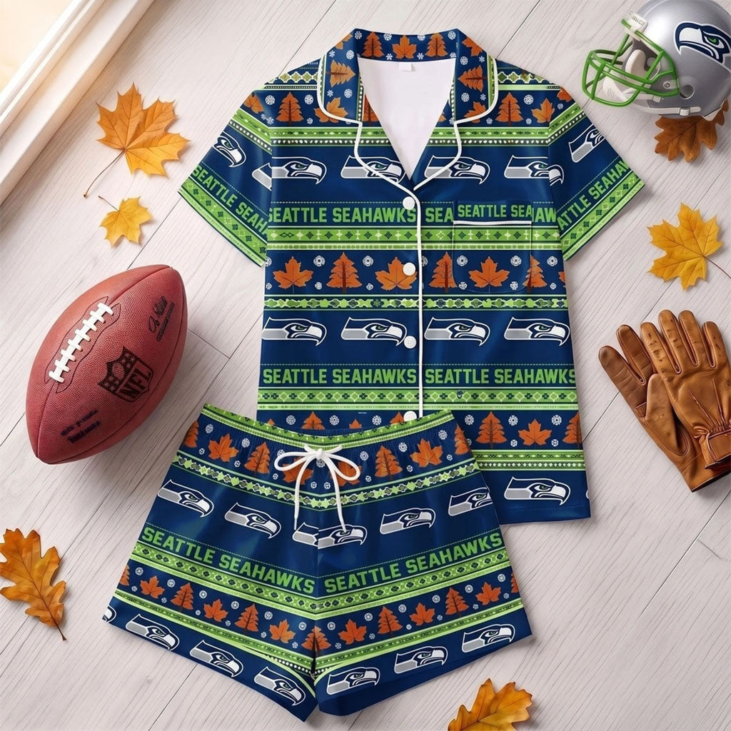 Seattle Seahawks Harvest Huddle Short Sleeve Pajamas Set Seattle Seahawks Merch Gift For Her