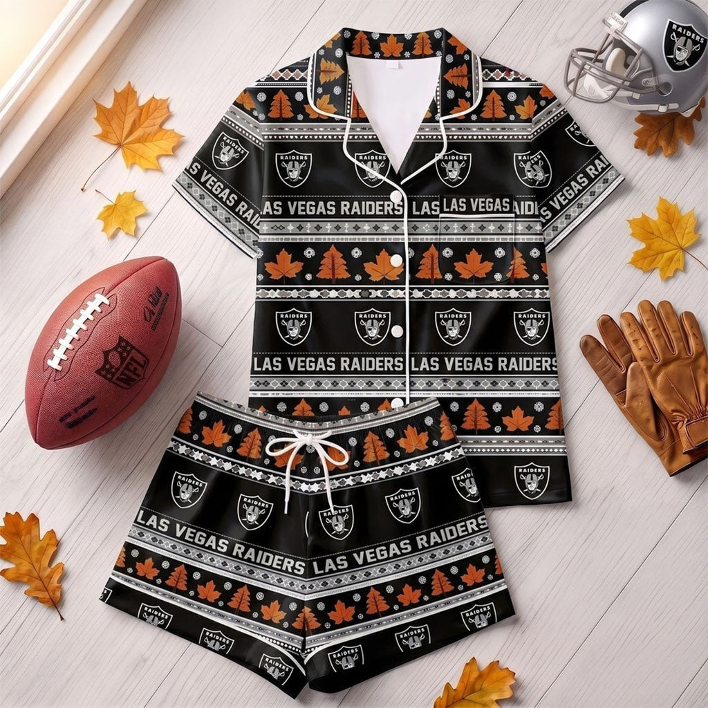 LV Raiders Harvest Huddle Short Sleeve Pajamas Set Raiders Merch Fall Outfits Gift For Her