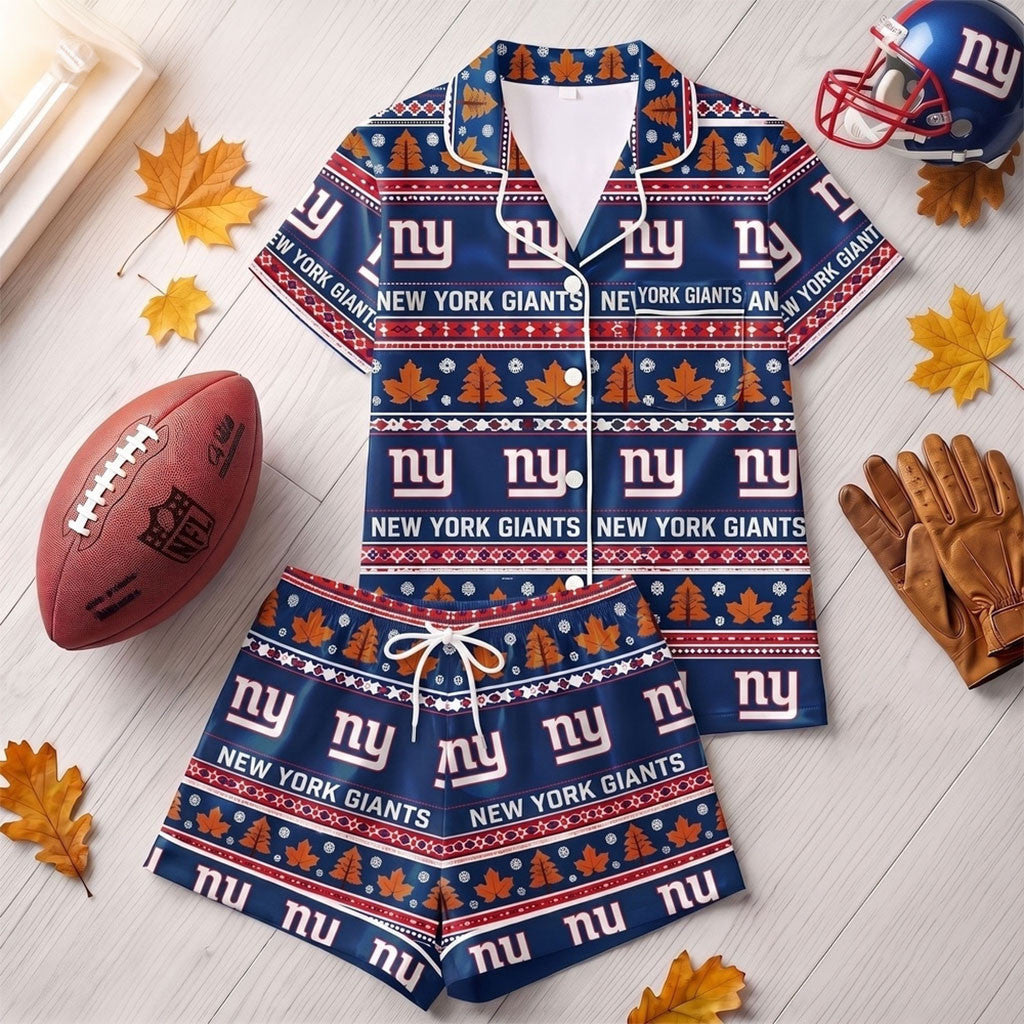 New York Giants Harvest Huddle Short Sleeve Pajamas Set NY Giants Merch Gift For Girlfriend