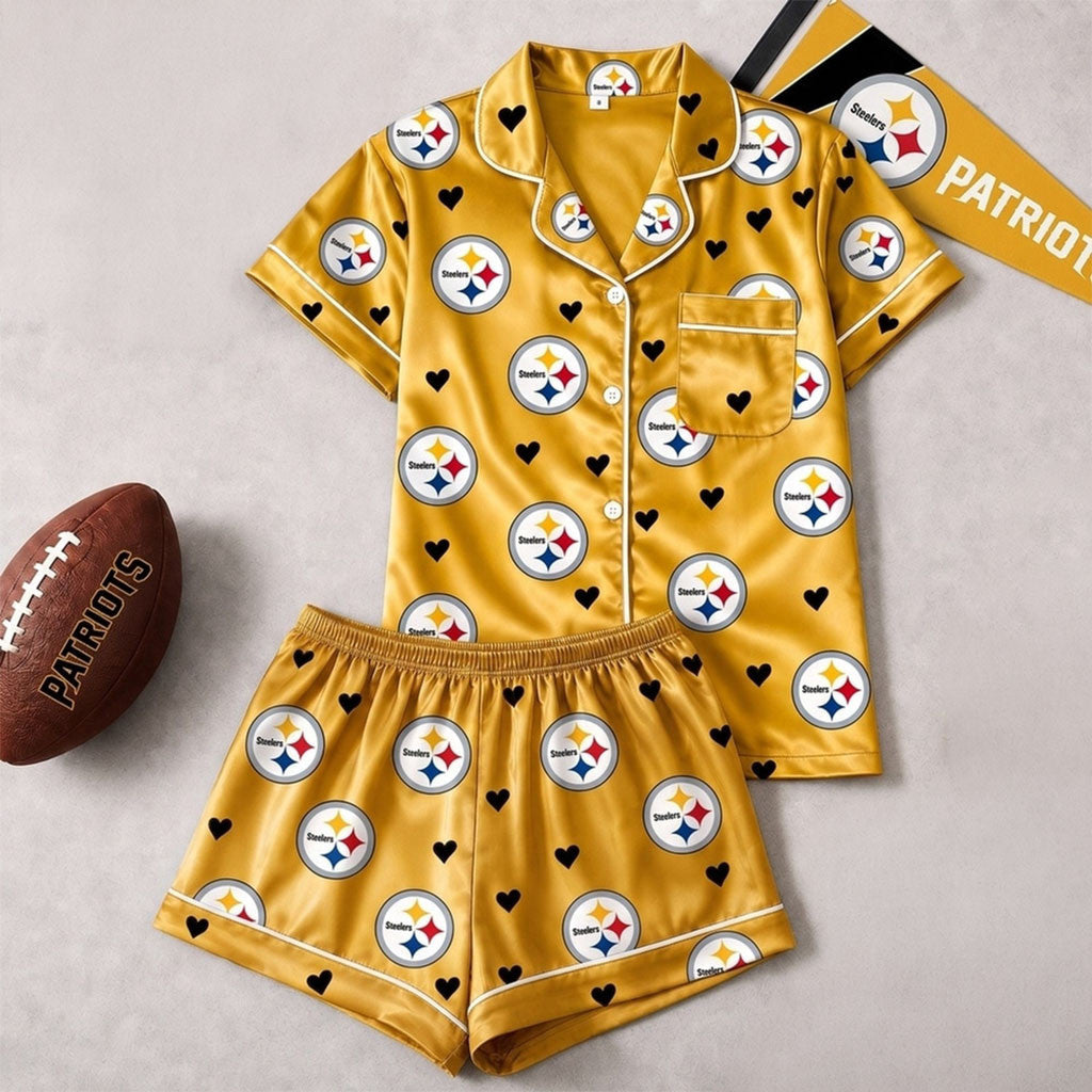 Pittsburgh Steelers Logo Team Short Sleeve Pajamas Set Steelers Merch Gift For My Sisters