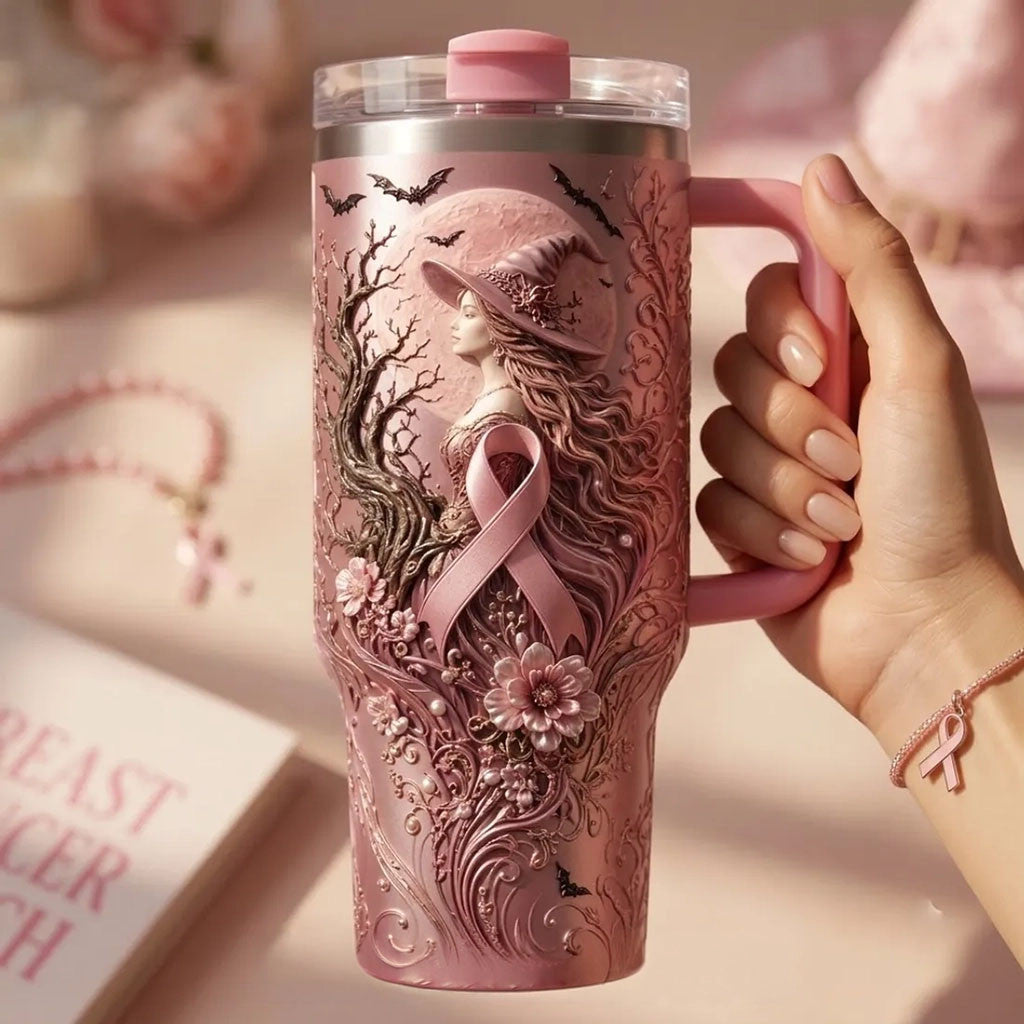 Pink Ribbon Witch Breast Cancer Awareness 40oz Tumbler Halloween Merch Gift For Cancer Warrior