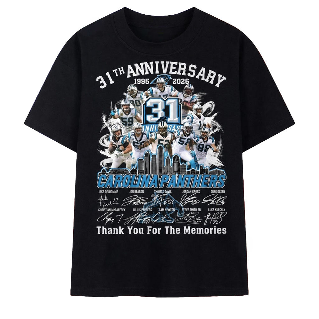 Carolina Panthers 31st Anniversary 1995 2026 Legends Signatures T-Shirt Carolina Panthers Merch