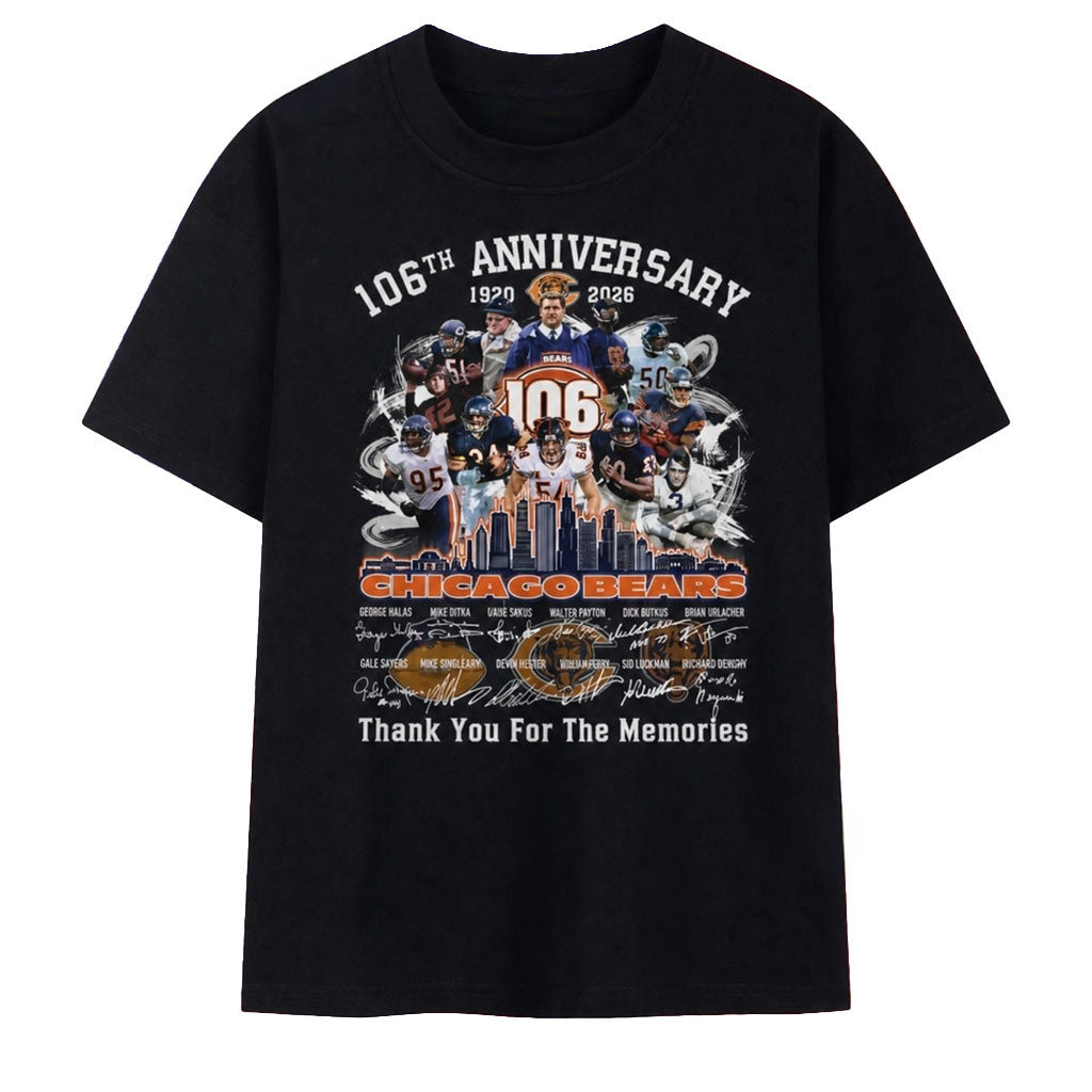 Chicago Bears 106th Anniversary 1920 2026 Legends Signatures T-Shirt Chicago Bears Merch Gifts