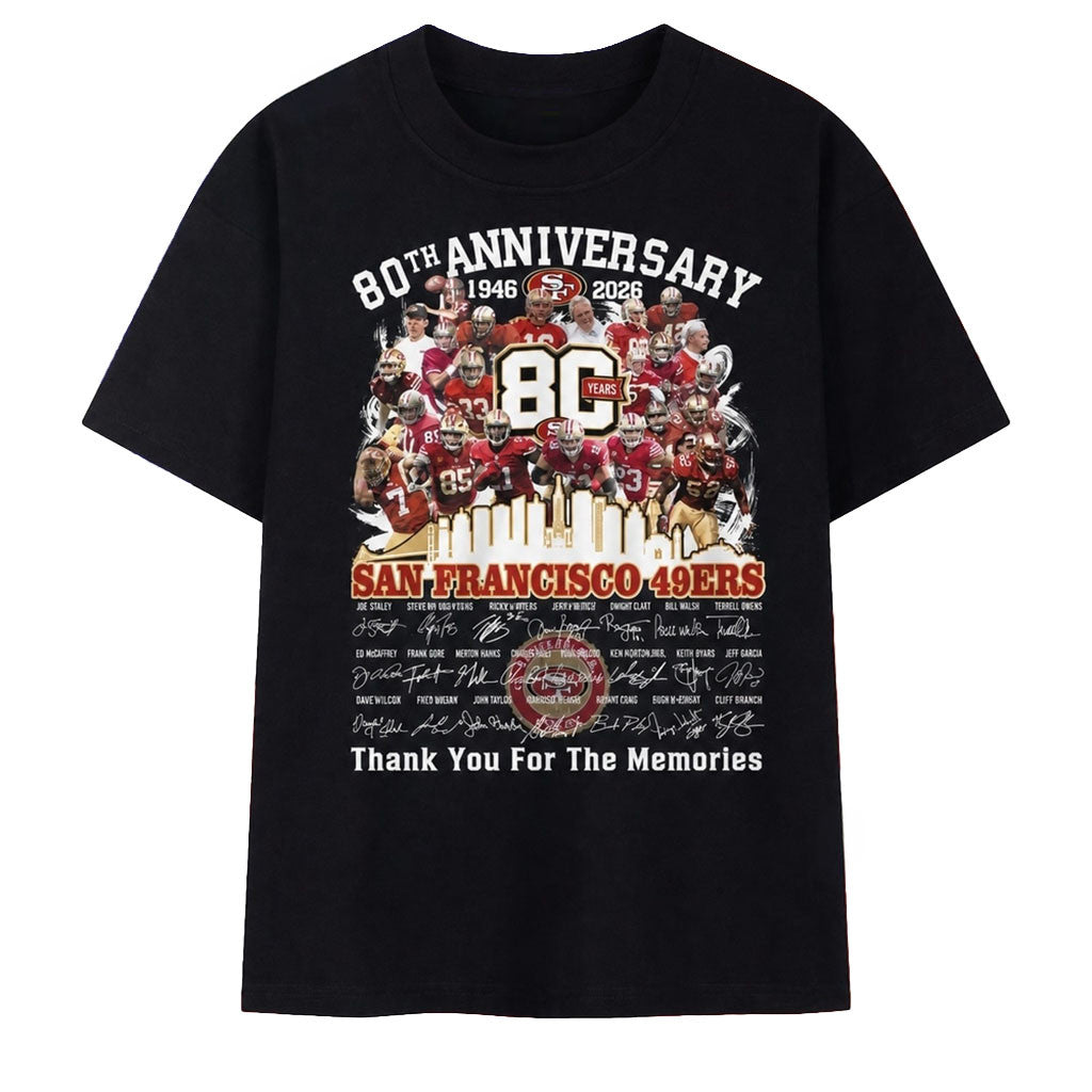 San Francisco 49ers 80th Anniversary 1946 2026 Legends Signatures T-Shirt SF 49ers Merch