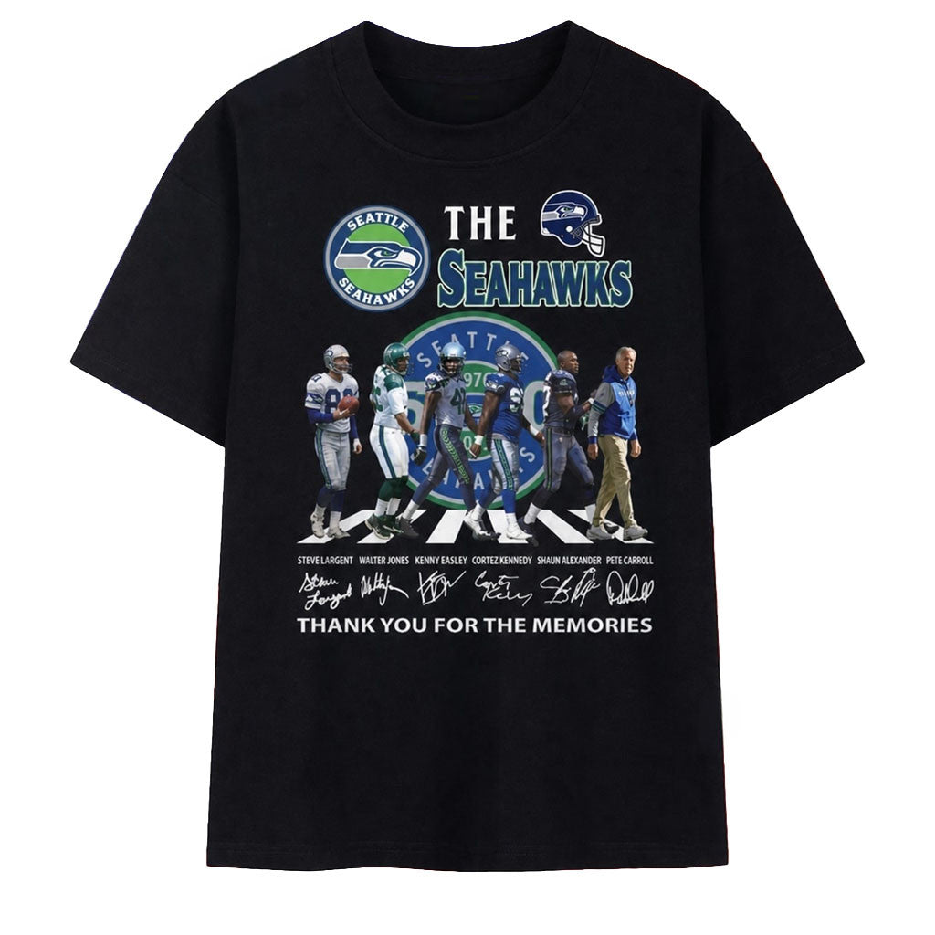 Seattle Seahawks Legends Walking Abbey Road Style Signatures T-Shirt Seattle Seahawks Merch
