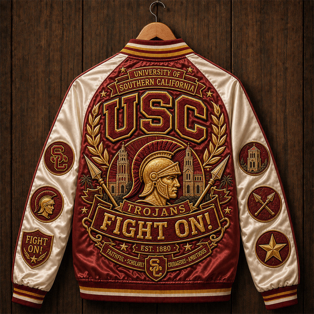 USC Trojans Fight On Varsity Jacket Southern California Football Apparel Trojans Merch Fan Gifts