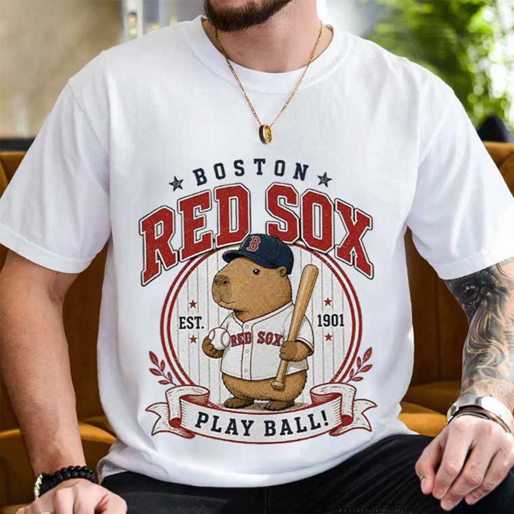 Boston Red Sox Capybara Play Ball T-Shirt Red Sox Merch Cute Baseball Fan Gifts