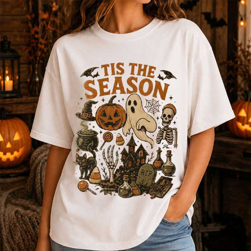 Tis The Season Skeleton Pumpkin Ghost T-Shirt Halloween Apparel Gift For Her