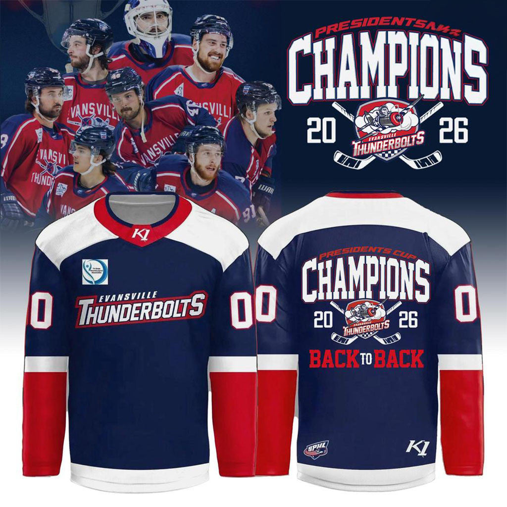 Personalized Evansville Thunderbolts 2026 Presidents Cup Champions Back-to-Back Hockey Jersey