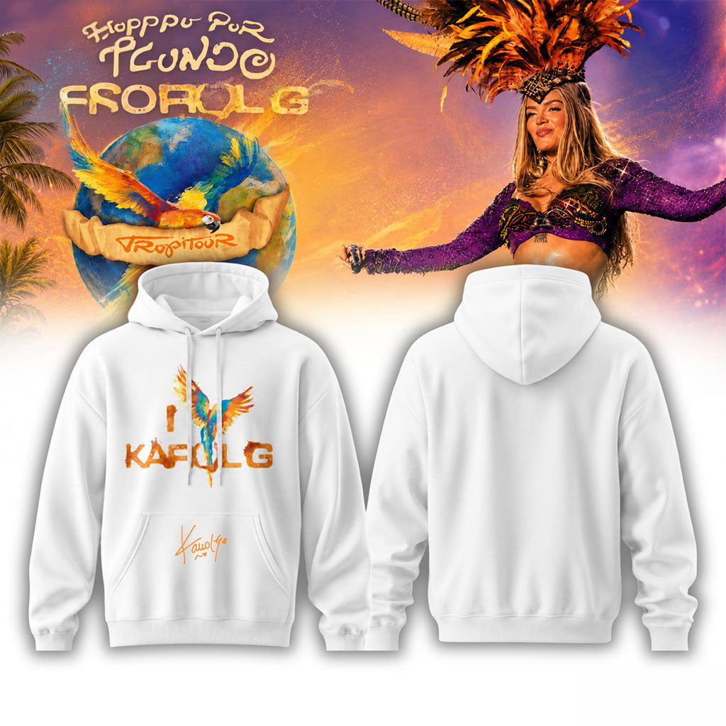 Karol G Viajando Por El Mundo Tropitour Signature Hoodie White Karol G Merch Concert Fan Apparel
