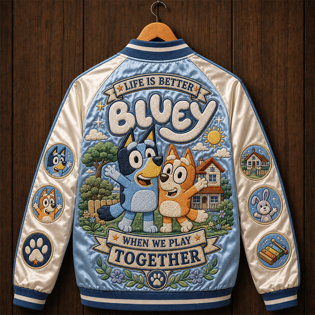 Bluey Life Is Better When We Play Together Varsity Jacket Family Cartoon Apparel Bluey Fan Gift
