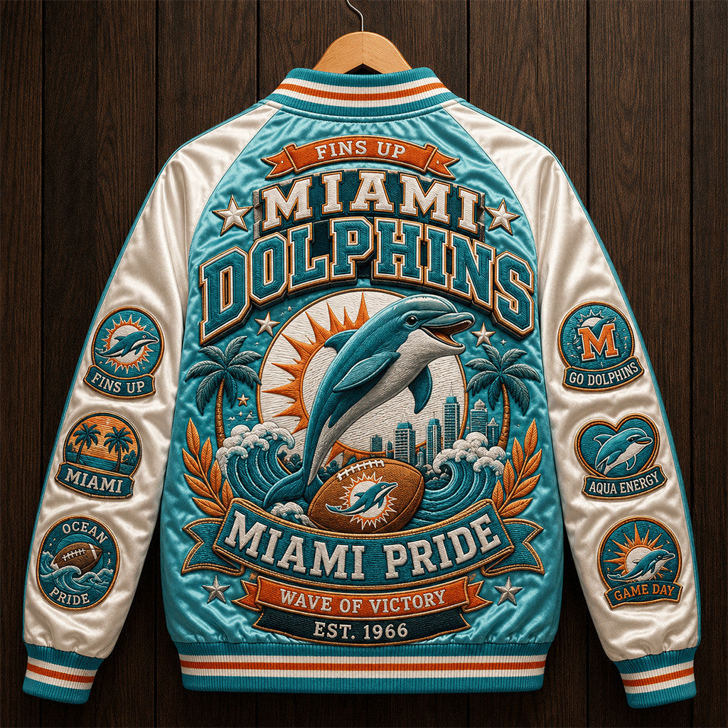 Miami Dolphins Fins Up Miami Pride Wave of Victory Varsity Jacket Dolphins Merch Game Day Gift