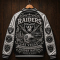 Las Vegas Raiders Raider Nation Silver And Black Varsity Jacket Raiders Merch Game Day Gift
