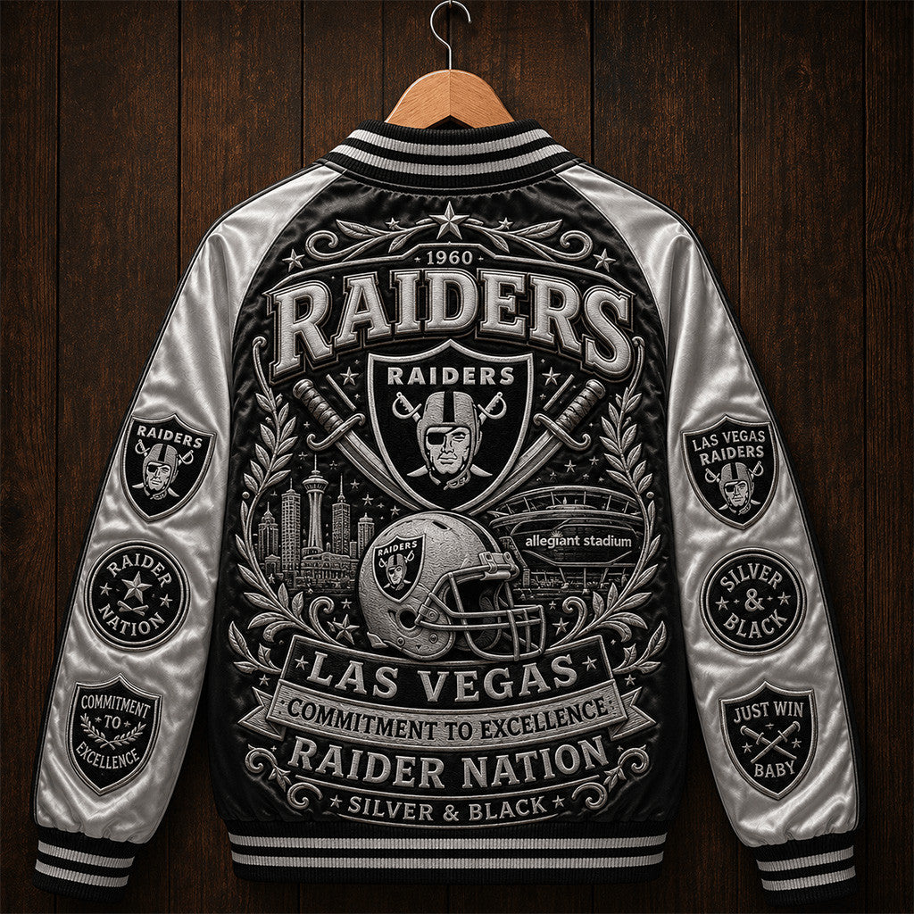 Las Vegas Raiders Raider Nation Silver And Black Varsity Jacket Raiders Merch Game Day Gift