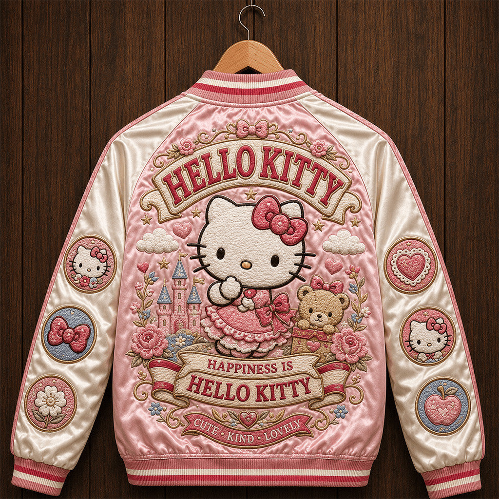 Hello Kitty Merch Happiness Is Hello Kitty Varsity Jacket Cute Pink Kawaii Cartoon Apparel Gift - Merchluma